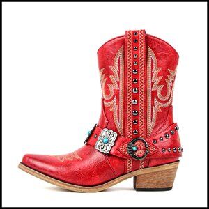 Ankle Cowboy Boots with Embroidery Studs 2-Inch Heel Western Style